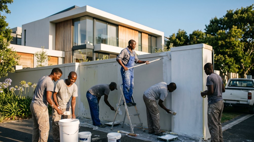Professional team painting a boundary wall at a modern home in Woodstock