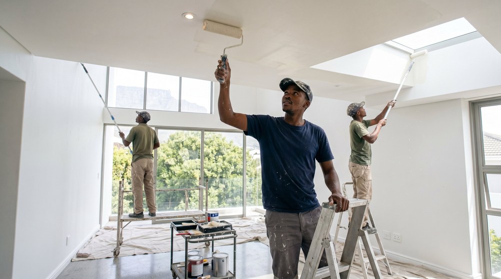 Professional ceiling painters rolling white paint onto a high ceiling in Woodstock