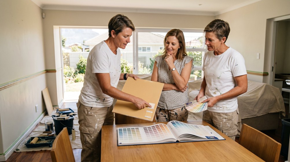 Professional colour consultant showing paint swatches to a homeowner in Woodstock