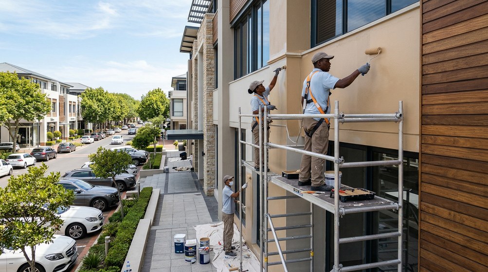 Professional commercial painters on scaffolding painting a building on the Woodstock