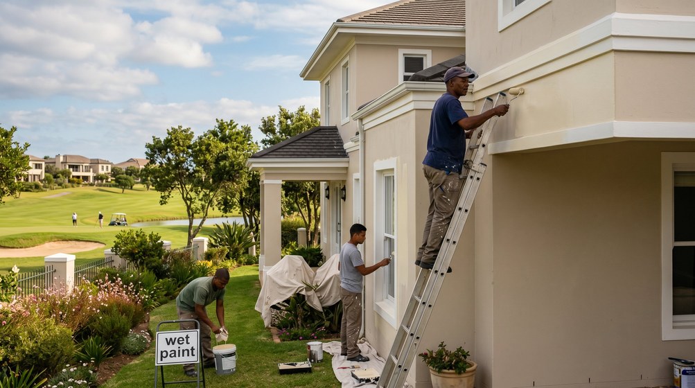 Professional estate painters painting a luxury golf estate home on the Woodstock