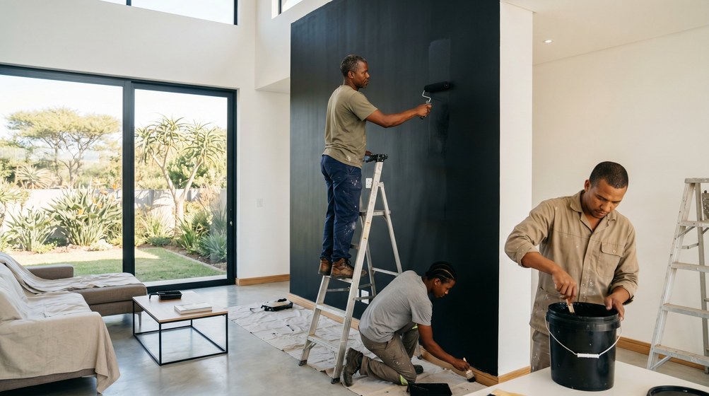 Professional painters creating a bold black feature wall in a modern Woodstock home