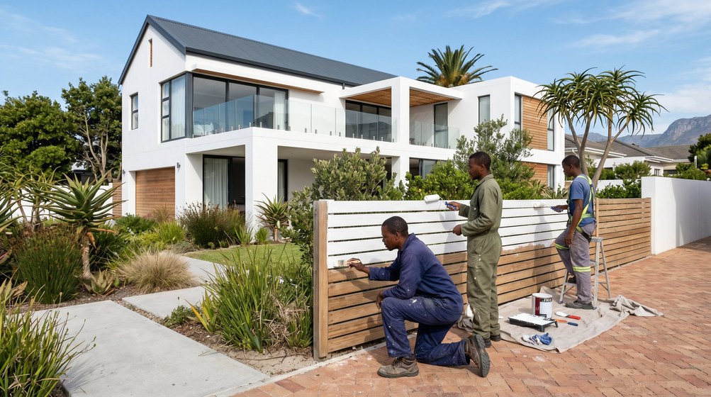 Professional fence painters painting a wooden fence at a Woodstock home in Woodstock