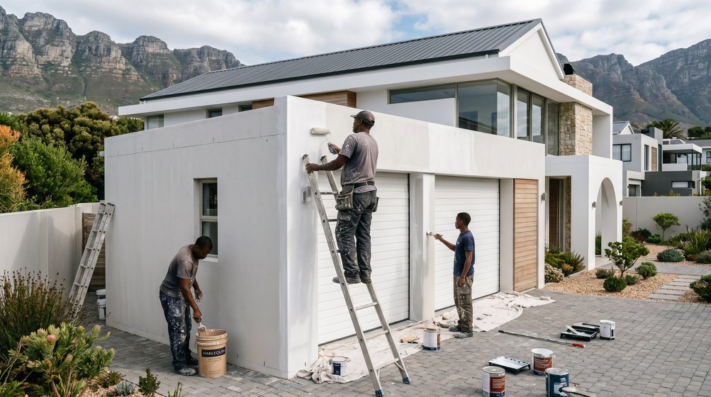 Professional painters painting a double garage exterior and garage doors in Woodstock