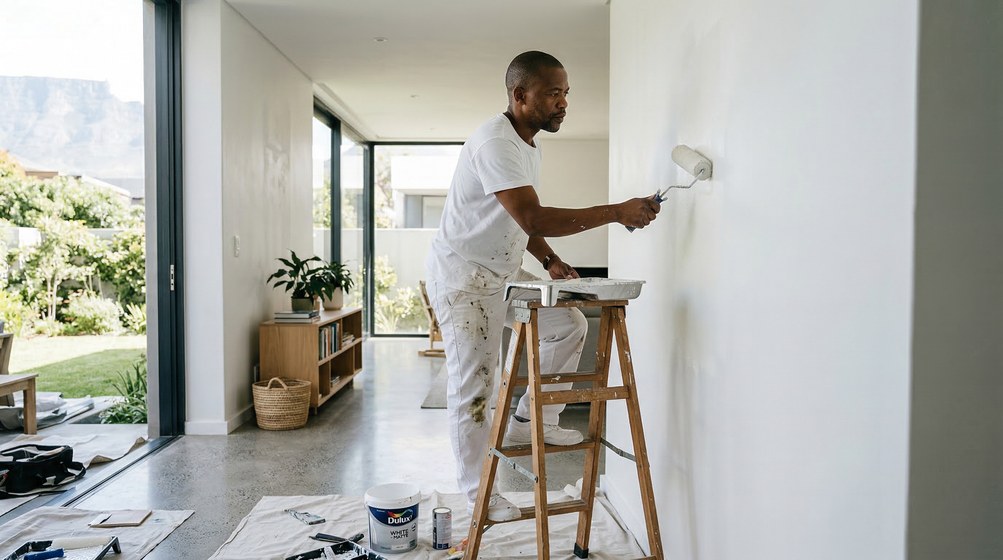 Professional interior painter in Woodstock painting walls with a roller