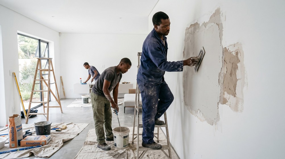 Professional plaster repair team skim coating damaged walls in Woodstock