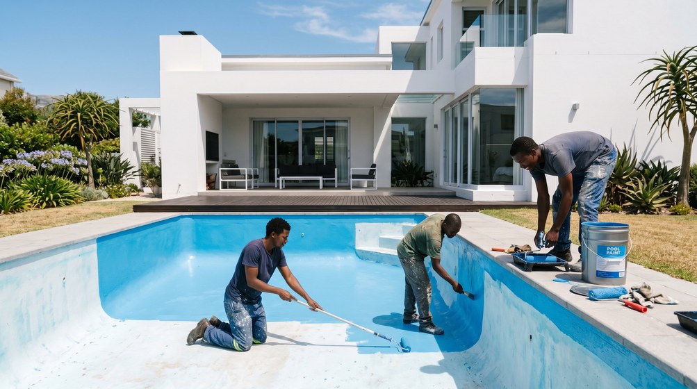 Professional pool painters applying blue pool paint to a swimming pool in Woodstock