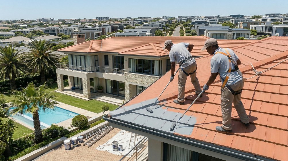 Professional roof painters applying waterproof coating to tiled roof in Woodstock