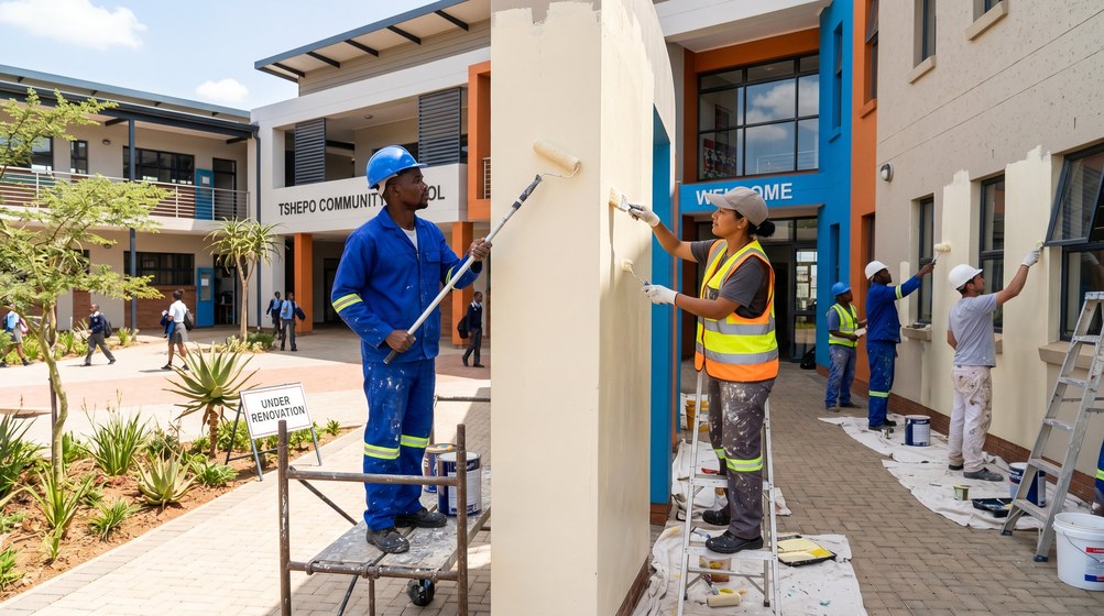 Professional school painting team painting a community school on the Woodstock