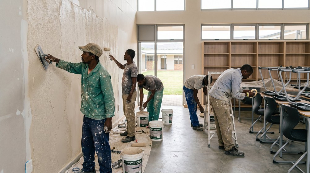 Professional texture coating team applying Texturcoat to interior walls in Woodstock