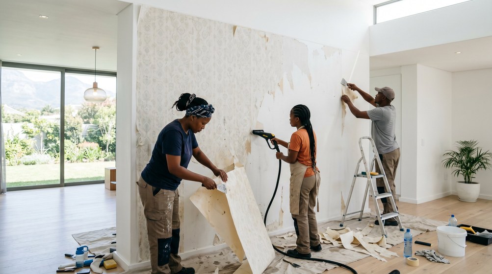 Professional wallpaper removal team stripping old wallpaper in a Woodstock home