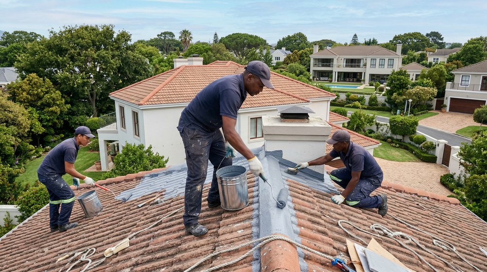 Professional waterproofing team applying membrane to roof in Woodstock