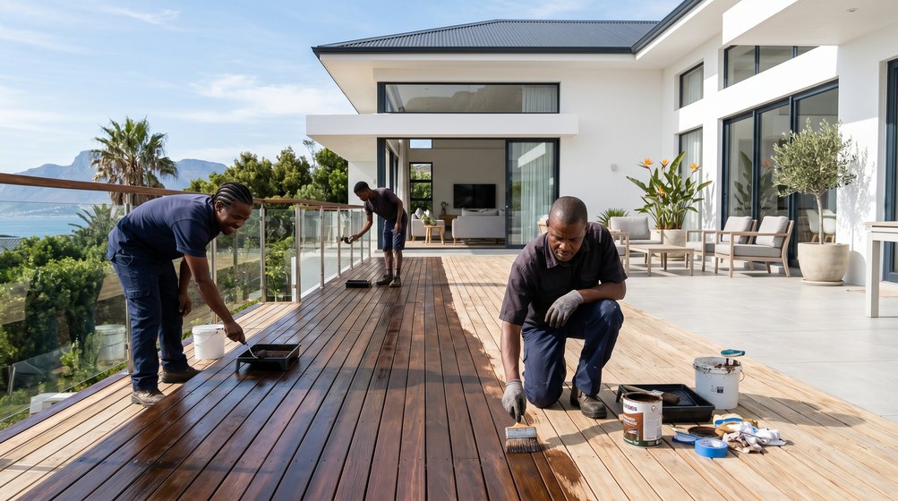 Professional wood staining team applying deck stain overlooking the ocean in Woodstock